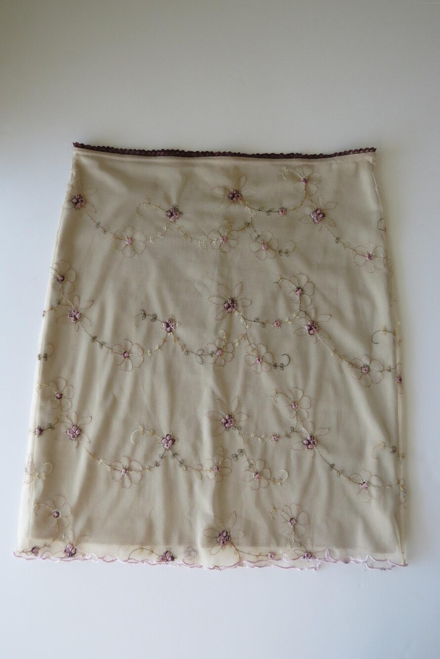 Vintage Italian 2000s Embroidered Mesh Skirt, Nude Sheer Overlay, Pink Ribbon Ro